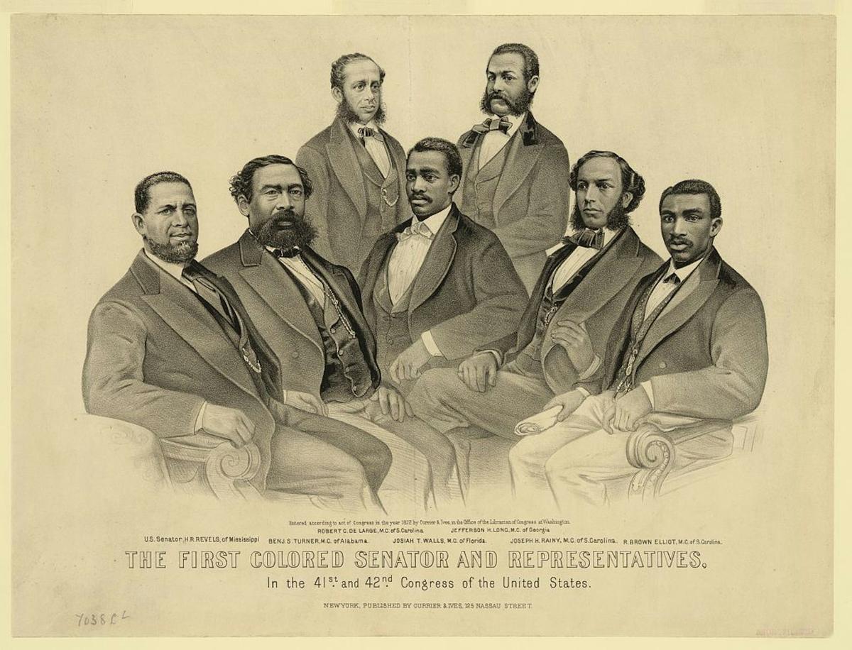  The first Black senator and representatives were elected in the 1870s, as shown in this historic print. Library of Congress 