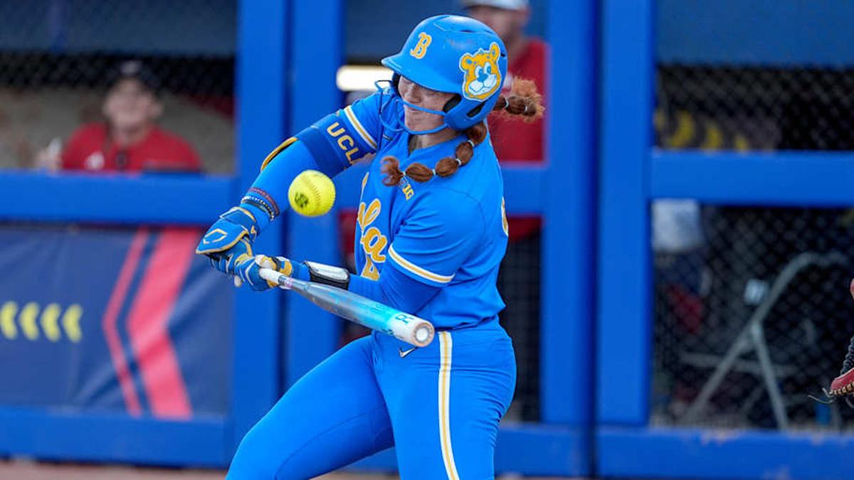  UCLA utility Megan Grant (43) foul tips to Texas Tech catcher Victoria Valdez (13) in the sixth inning during a softball game between Texas Tech and UCLA at the Women's College World Series at Devon Park in Oklahoma City, on Saturday, May 31, 2025. | NATHAN J. FISH/THE OKLAHOMAN / USA TODAY NETWORK via Imagn Images 