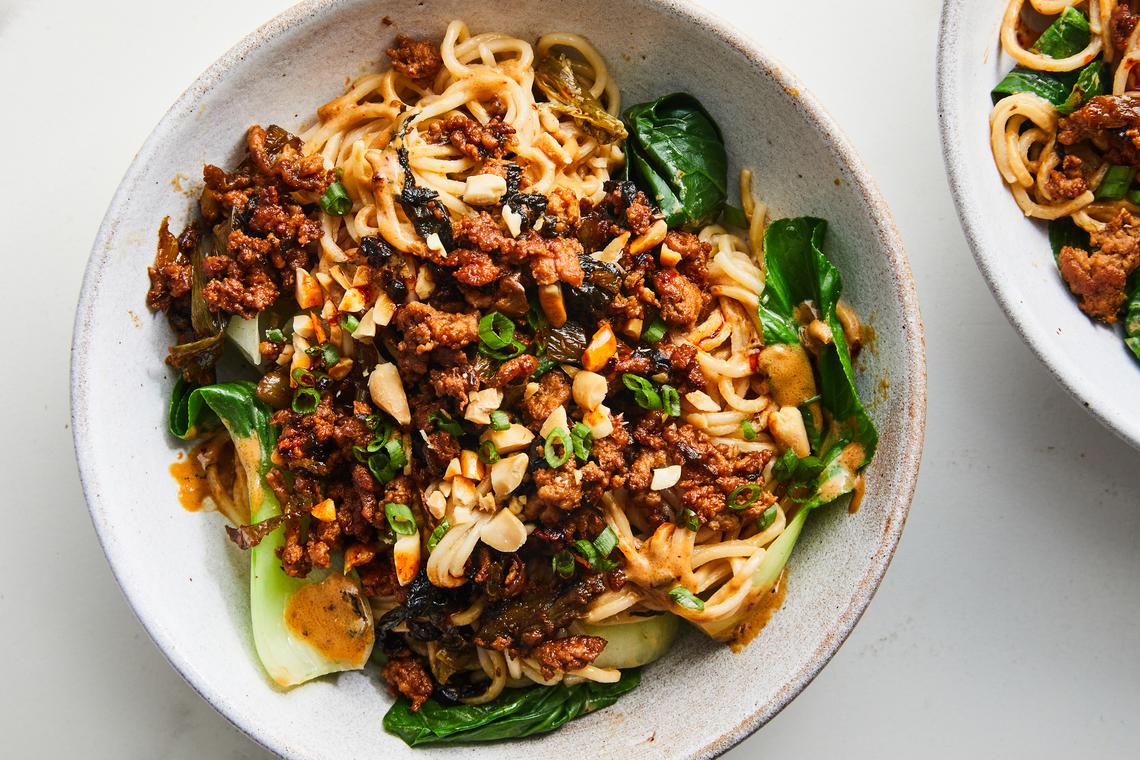 Dan Dan noodles. Including a bean-based Japanese curry, Genevieve Ko's dan dan noodles and our very beloved chicken shawarma. Food Stylist: Monica Pierini. (Linda Xiao/The New York Times)