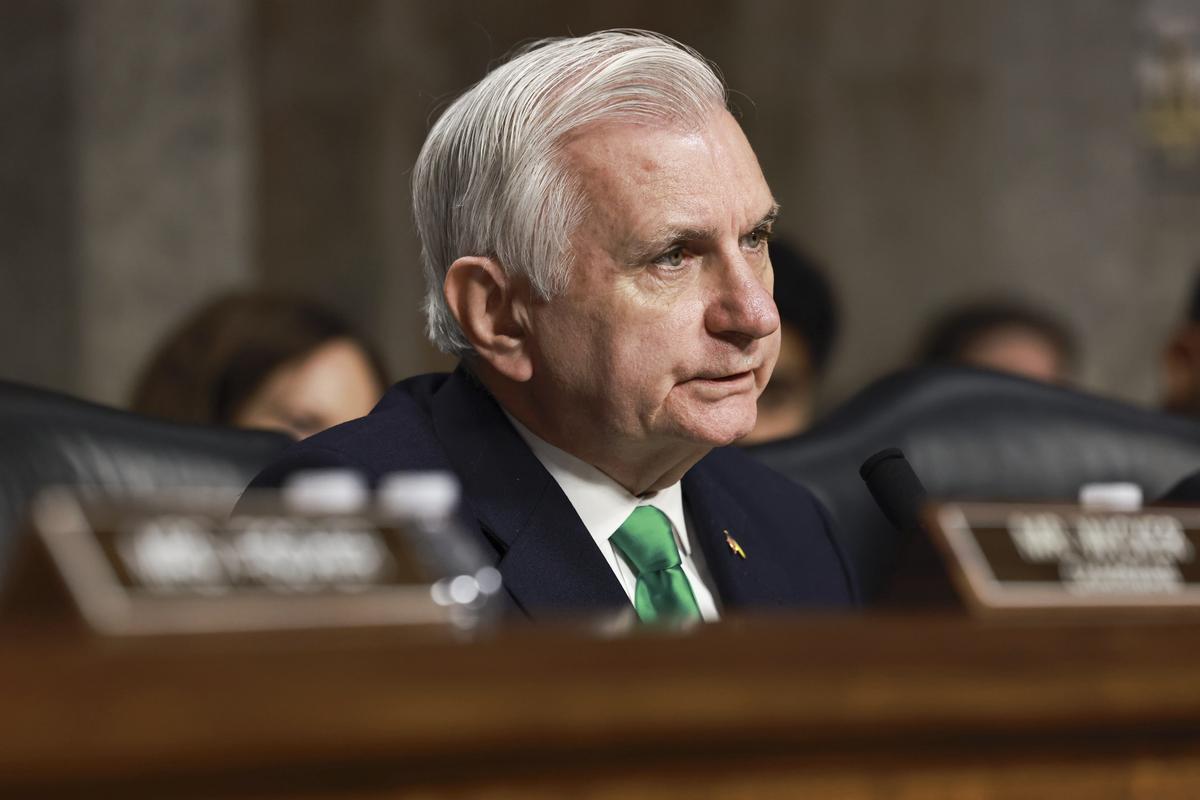 Sen. Jack Reed (D-R.I.) questions Secretary of Defense Pete Hegseth and Gen. Dan Caine, chairman of the Joint Chiefs of Staff, during a Senate Armed Services Committee hearing on the department's budget request on Capitol Hill in Washington, on Thursday, April 30, 2026. (Anna Rose Layden/The New York Times)