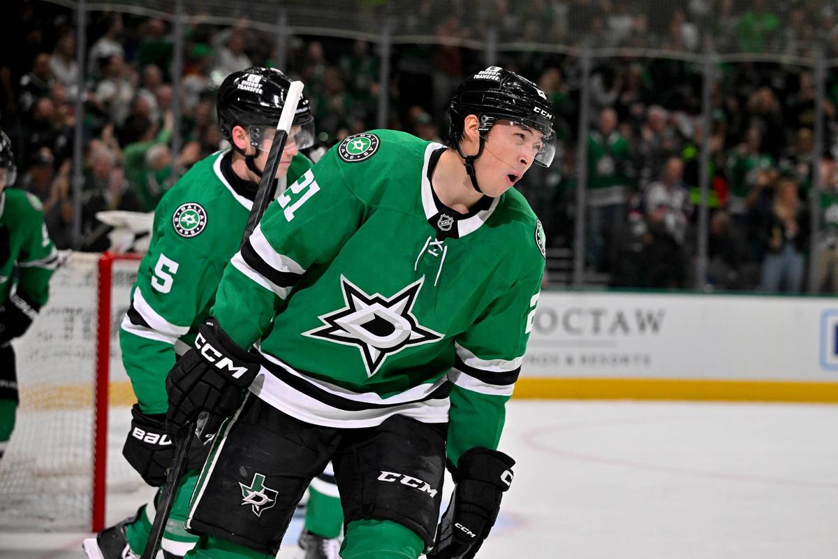  Dallas Stars defenseman Nils Lundkvist (5) and left wing Jason Robertson (21) celebrate a goal. Jerome Miron-Imagn Images