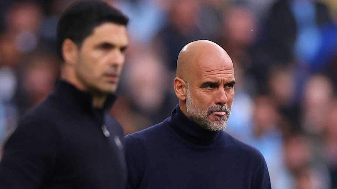  Pep Guardiola is aiming to lift his fifth league title in six seasons. | Catherine Ivilll/AMA/Getty Images 