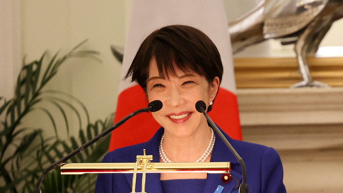 FILE PHOTO: Japanese Prime Minister Sanae Takaichi speaks during a joint press statement with Indian Prime Minister Narendra Modi (not pictured) at the Hyderabad House in New Delhi, India, July 2, 2026. REUTERS/Altaf Hussain/File Photo