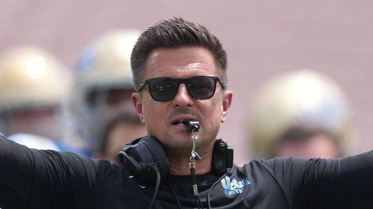  May 2, 2026; Pasadena, CA, USA; UCLA Bruins coach Bob Chesney reacts during the spring game at Rose Bowl. Mandatory Credit: Kirby Lee-Imagn Images | Kirby Lee-Imagn Images 