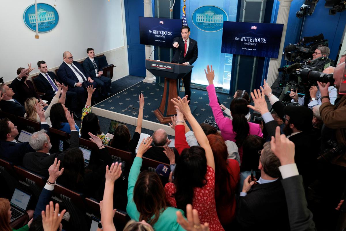 U.S. Secretary of State Marco Rubio speaks during a press briefing in the James S. Brady Press Briefing Room at the White House in Washington, D.C., U.S., May 5, 2026. REUTERS/Evan Vucci