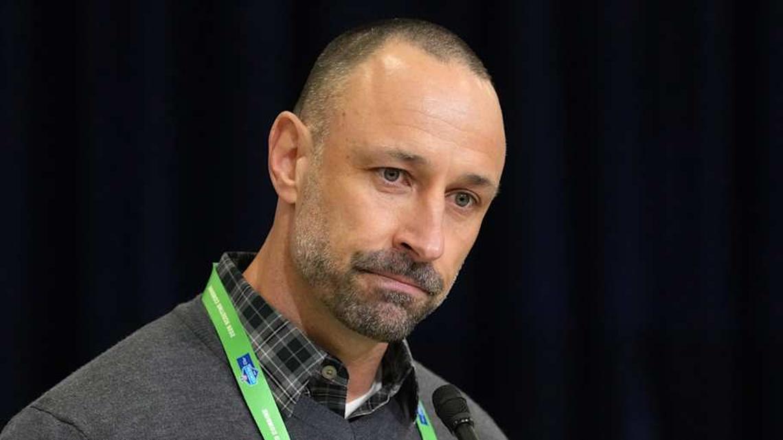  Feb 24, 2026; Indianapolis, IN, USA; Miami Dolphins general manager Jon-Eric Sullivan speaks at the NFL Scouting Combine at the Indiana Convention Center. Mandatory Credit: Kirby Lee-Imagn Images | Kirby Lee-Imagn Images 