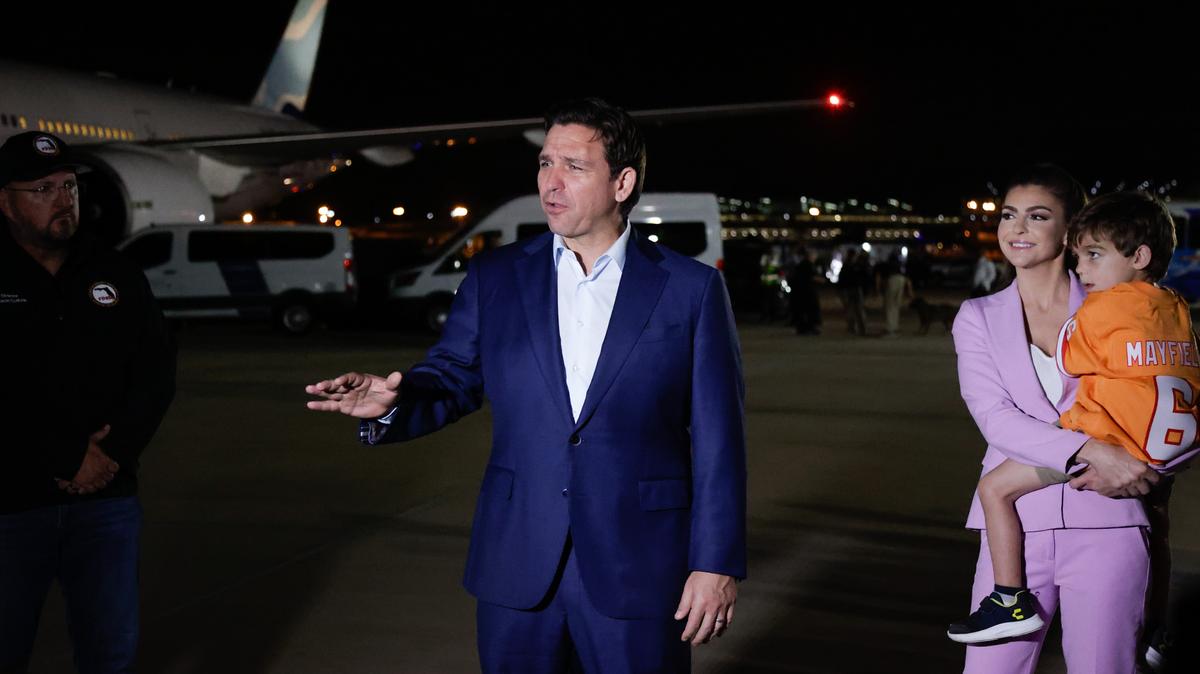 File art: Florida Gov. Ron DeSantis talks to the press after greeting passengers arriving from Israel on a chartered flight organized by Project Dynamo on Sunday, Oct. 15, 2023. The state chartered another four jets to bring Americans home this week as the Iran-Israel conflict breaks out.
