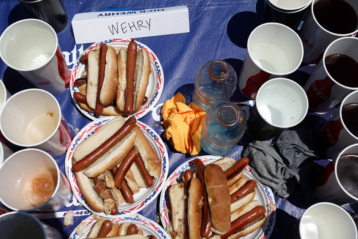Hot dogs lie on plates during the 2026 Nathan's Famous International Hot Dog Eating Contest, at Coney Island, Brooklyn in New York City, U.S., July 4, 2026. REUTERS/Jordan Tovin