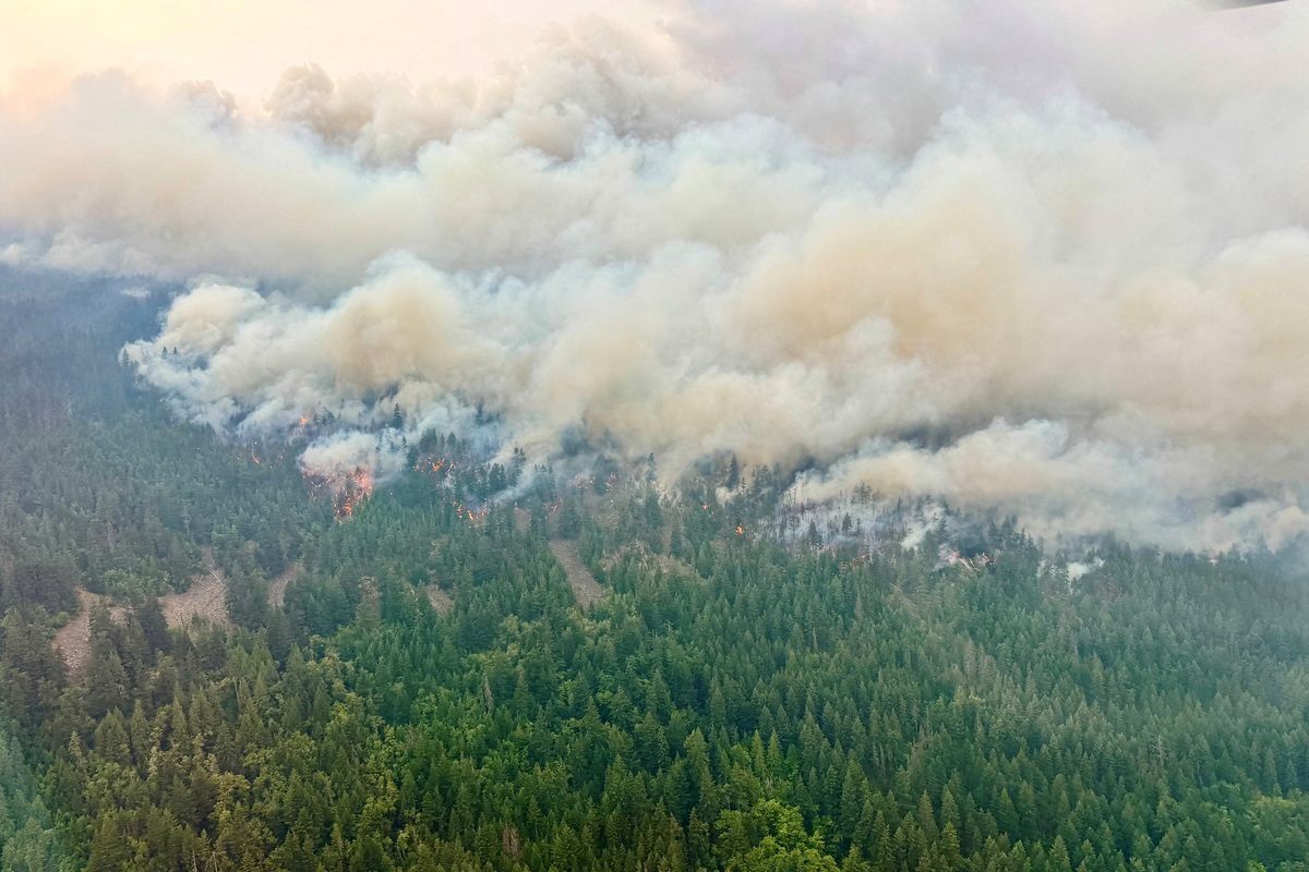 Smoke rises from the south flank of the Brunswick Creek wildfire near North Bend, British Columbia, Canada July 16, 2026 in an aerial photograph.  BC Wildfire/Handout via REUTERS.