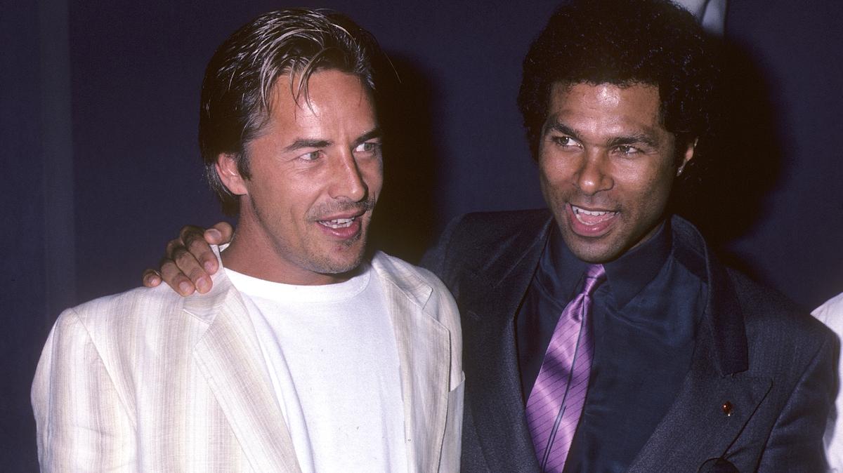 Actor Don Johnson and actor Philip Michael Thomas attend the "Miami Vice" Press Conference on June 14, 1985 at Visage in New York City. 