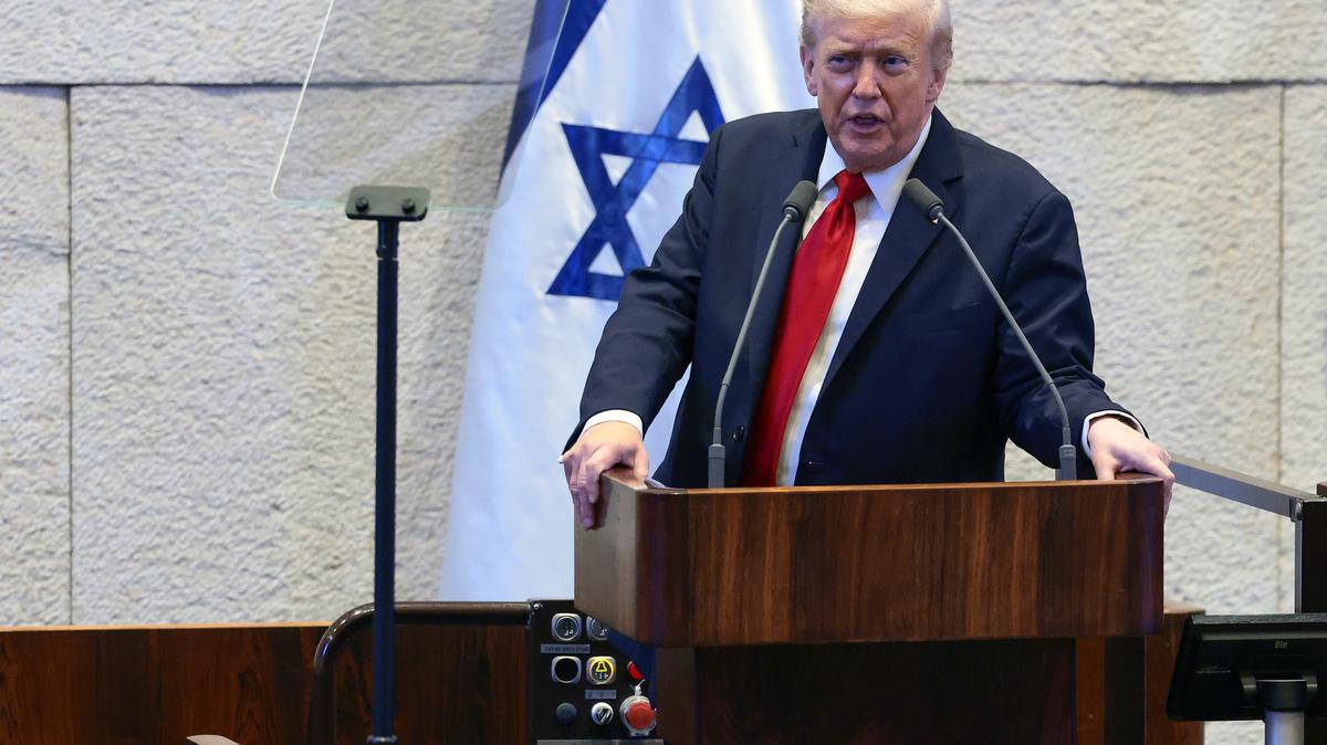 President Donald Trump addresses the Knesset, Israel's parliament, on Monday hours after Hamas released the remaining Israeli hostages captured on Oct. 7, 2023. 
