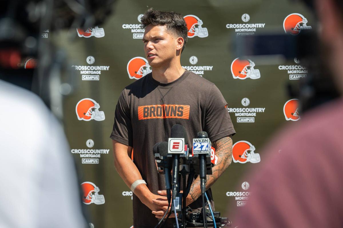  May 10, 2025; Berea, OH, USA; Cleveland Browns quarterback Dillon Gabriel (5) talks to the media during rookie minicamp at CrossCountry Mortgage Campus. Mandatory Credit: Ken Blaze-Imagn Images 