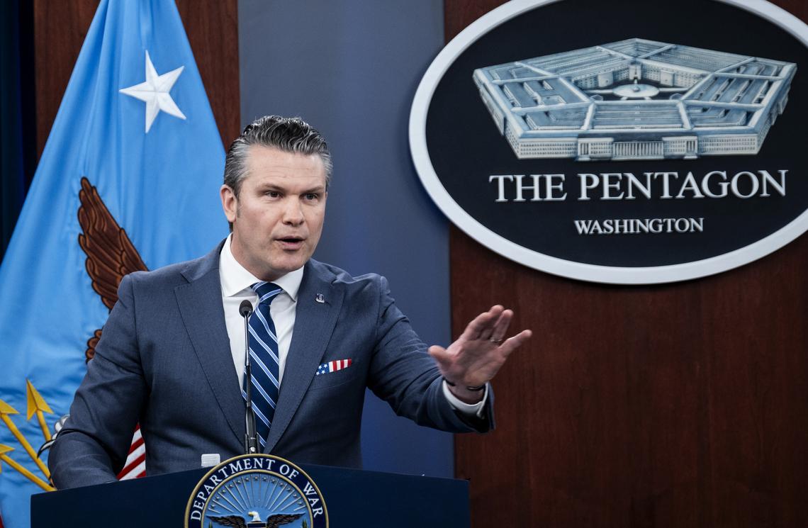 Secretary of Defense Pete Hegseth provides updates on the war in Iran at the Pentagon in Arlington, Va., Thursday, April 16, 2026. (Pete Marovich/The New York Times)