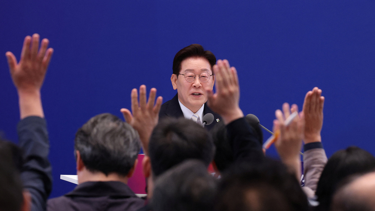 South Korean President Lee Jae Myung takes questions during a press conference to mark the first anniversary of his inauguration at Yeongbingwan of Blue House on June 08, 2026 in Seoul, South Korea. Chung Sung-Jun/Pool via REUTERS