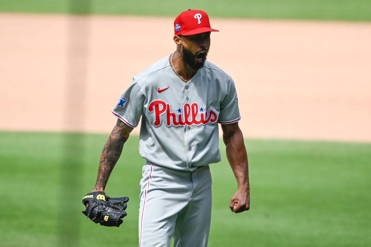  May 27, 2026; San Diego, California, USA; Philadelphia Phillies pitcher Cristopher Sanchez (61) celebrates after pitching during the seventh inning against the San Diego Padres at Petco Park. Mandatory Credit: Denis Poroy-Imagn Images 