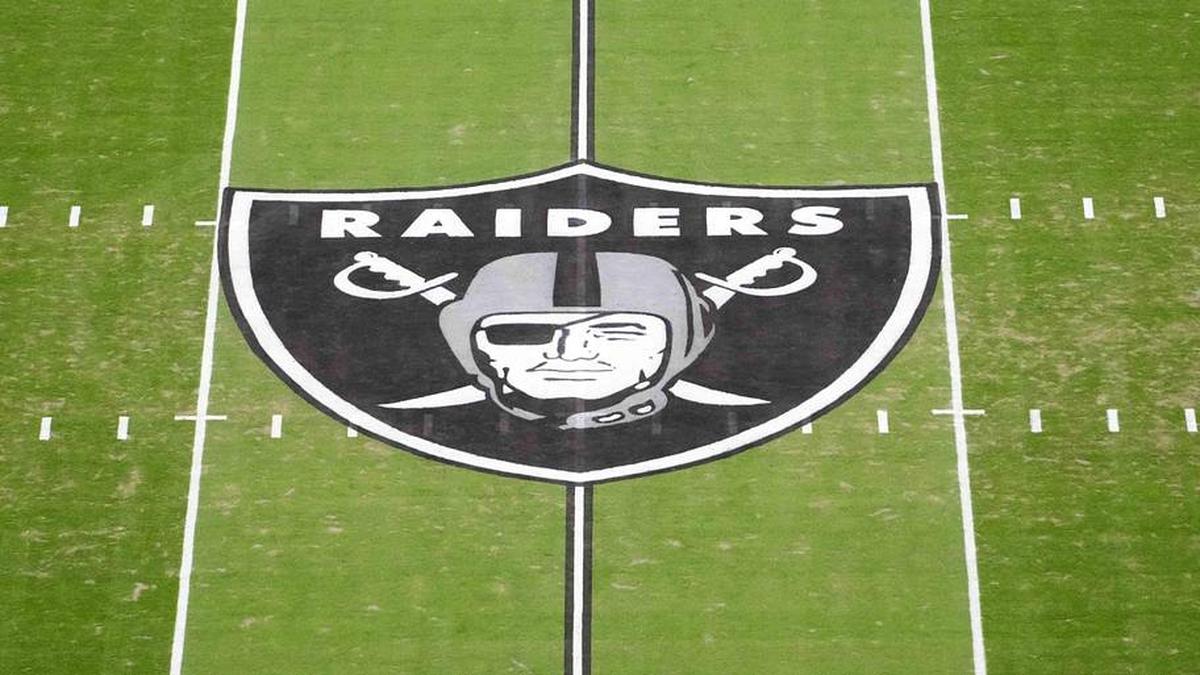  Jan 4, 2026; Paradise, Nevada, USA; The Las Vegas Raiders shield logo at midfield at Allegiant Stadium. Mandatory Credit: Kirby Lee-Imagn Images | Kirby Lee-Imagn Images 