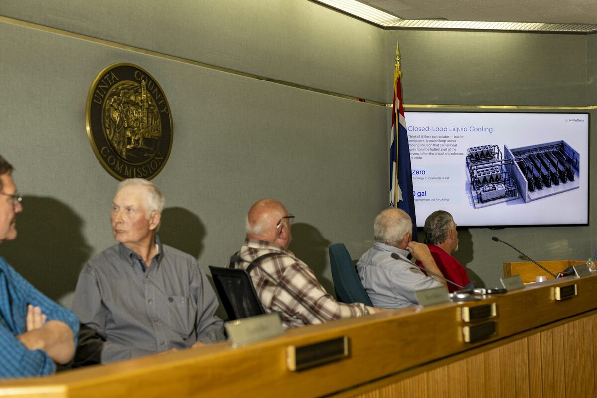  Local leaders, like these in Evanston, Wyo., are faced with questions, and potential opportunities, when data centers are proposed in their communities. Natalie Behring/Getty Images 