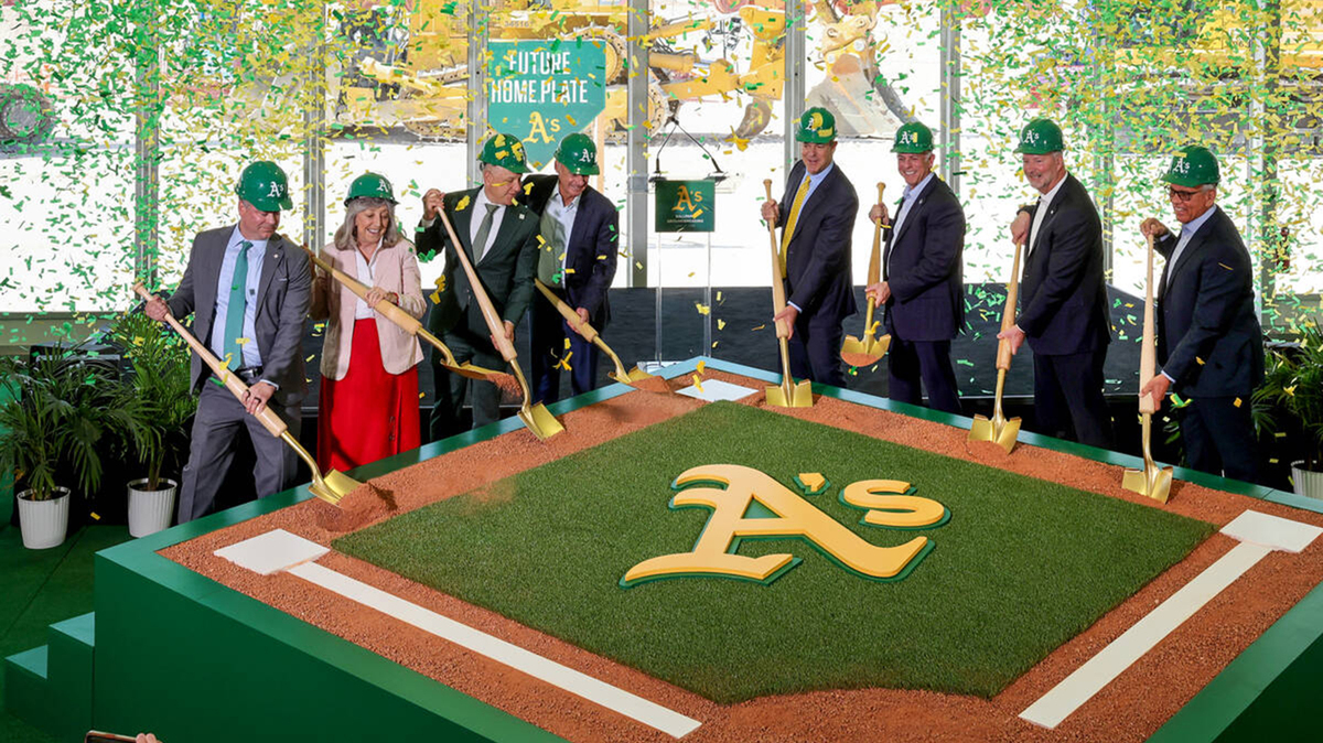 Dignitaries, from left, Nevada Assembly Speaker Steve Yeager, Rep. Dina Titus, A’s President Marc Badain, MLB Commissioner Manfred, A’s owner John Fisher, Nevada Gov. Joe Lombardo, Las Vegas Convention and Visitors Authority President and CEO Steve Hill and Clark County Commissioner Jim Gibson break ground during ceremony for the Athletics $1.75 ballpark at the site of the former Tropicana Las Vegas on Monday.