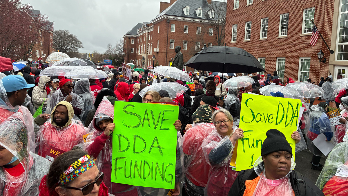 Protesters rally outside the Maryland State House against proposed cuts to the Developmental Disabilities Administration on March 12, 2026, in Annapolis, Maryland. (Katharine Wilson/Baltimore Sun/TNS)