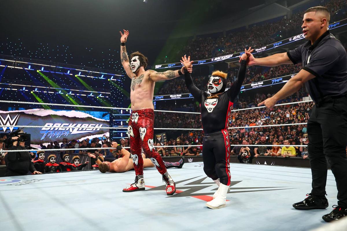  TAMPA, FLORIDA - MAY 9: Danhausen and Minihausen celebrate during WWE Backlash at Benchmark International Arena on May 9, 2026 in Tampa, Florida. (Photo by Kevin Sabitus/WWE via Getty Images)
