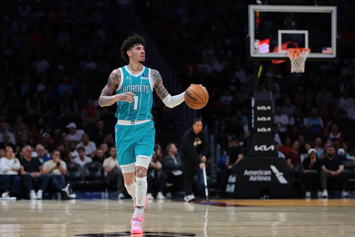  Oct 28, 2025; Miami, Florida, USA; Charlotte Hornets guard Lamelo Ball (1) dribbles the basketball against the Miami Heat during the second quarter at Kaseya Center. Mandatory Credit: Sam Navarro-Imagn Images 