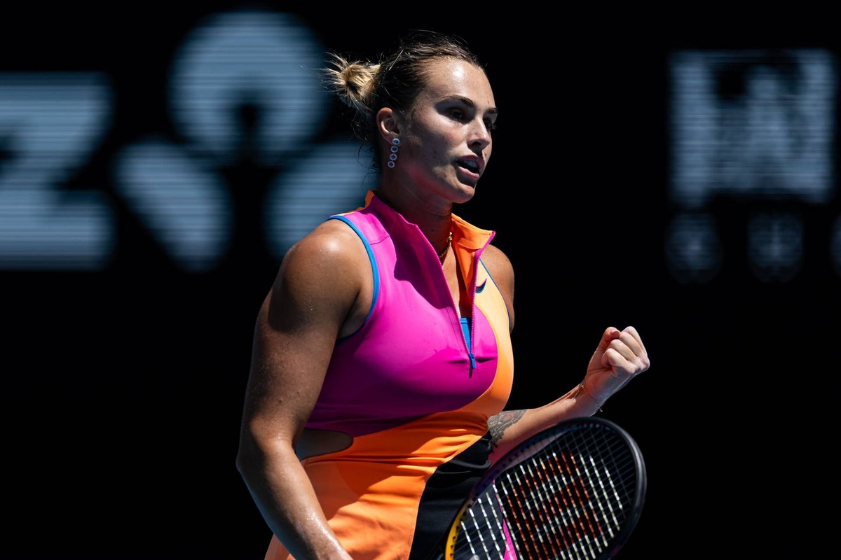  Jan 21, 2026; Melbourne, Victoria, Australia; Aryna Sabalenka in action against Zhuoxuan Bai of China in the second round of the women's singles at the Australian Open at Rod Laver Arena in Melbourne Park. Mandatory Credit: Mike Frey-Imagn Images 