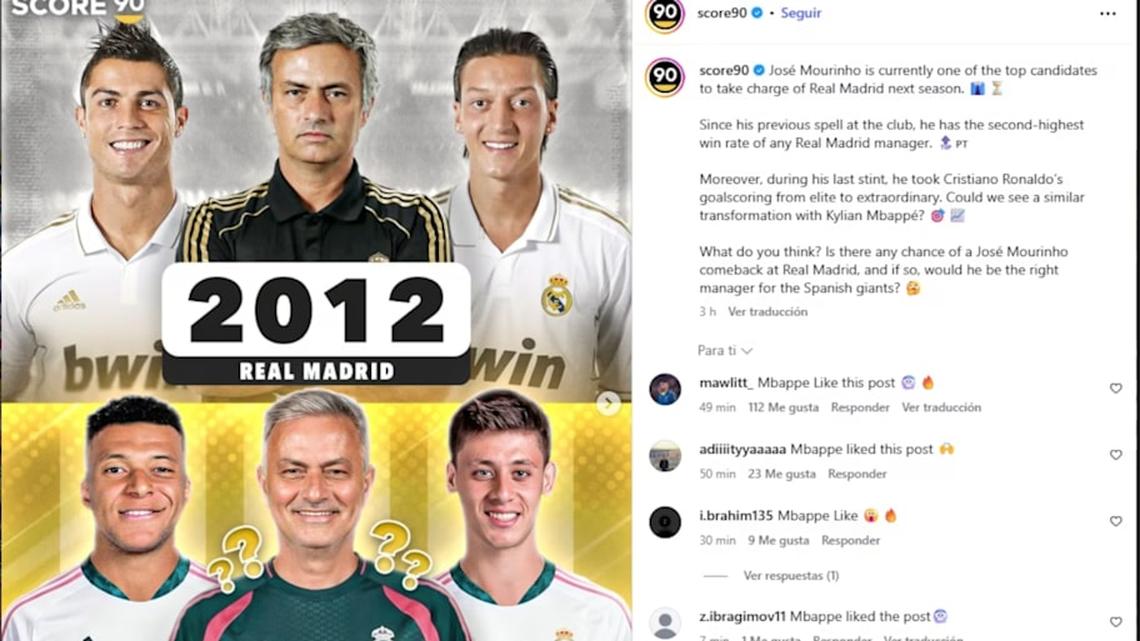  Kylian Mbappé seemingly likes the idea of a José Mourinho return to Madrid. | @Score90, Instagram 