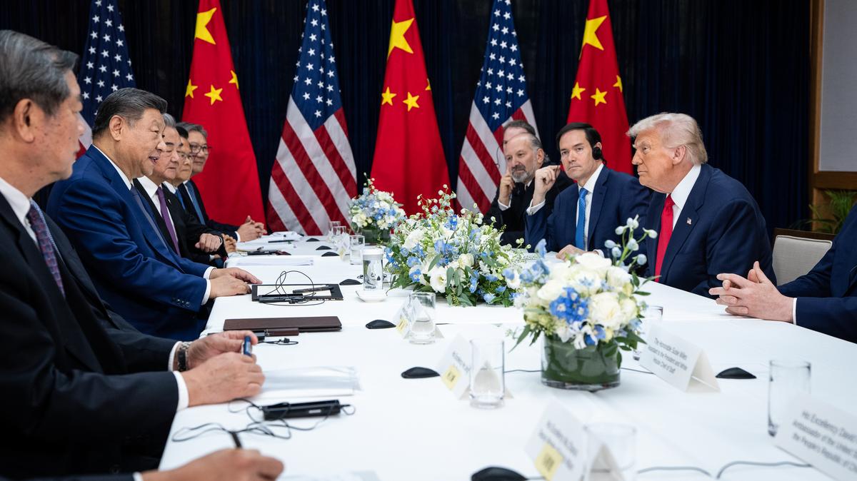 President Donald Trump and President Xi Jinping of China meet in Busan, South Korea, Oct. 30, 2025. Trump an. Xi are expected to discuss the war in Iran, trade, Taiwan and other points of contention during a two-day summit in Beijing in May 2026.