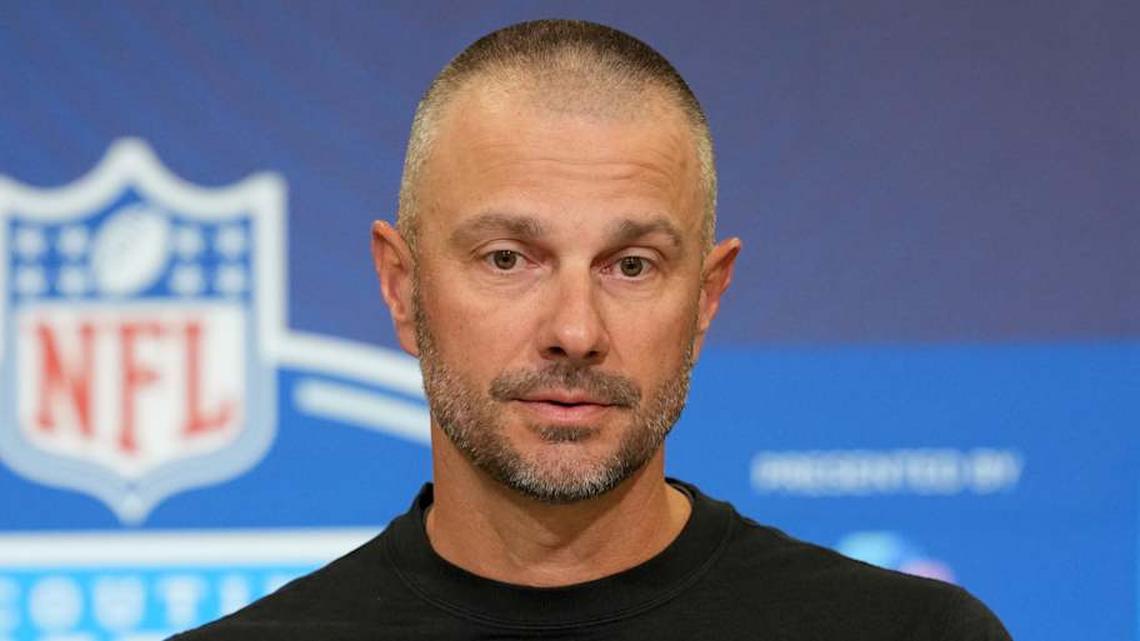  Feb 24, 2026; Indianapolis, IN, USA; Las Vegas Raiders general manager John Spytek speaks at the NFL Scouting Combine at the Indiana Convention Center. Mandatory Credit: Kirby Lee-Imagn Images | Kirby Lee-Imagn Images 