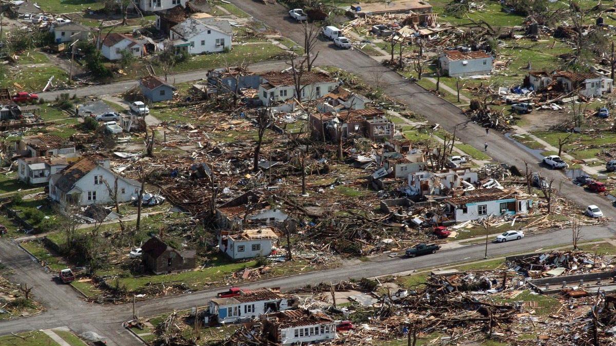 An aerial view shows the destruction of residential neighborhoods in Joplin, Mo., after a tornado passed through May 22, 2011. File Photo by Tom Uhlenbrock/UPI