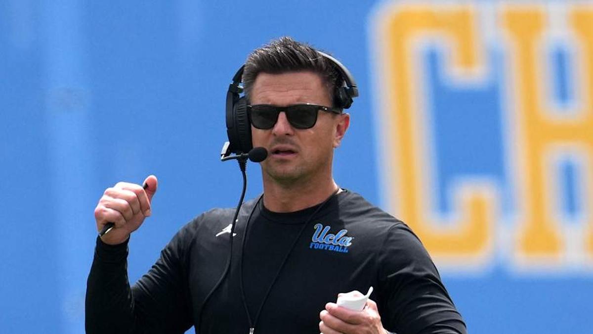  May 2, 2026; Pasadena, CA, USA; UCLA Bruins coach Bob Chesney reacts during the spring game at Rose Bowl. Mandatory Credit: Kirby Lee-Imagn Images | Kirby Lee-Imagn Images 