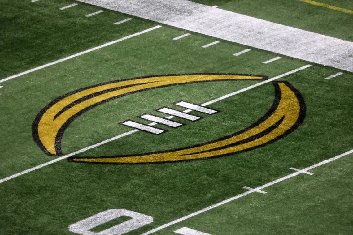  ATLANTA, GA - DECEMBER 31: A general view of the CFP logo before the college football Playoff Semifinal game at the Chick-fil-a Peach Bowl between the Georgia Bulldogs and the Ohio State Buckeyes on December 31, 2022 at Mercedes-Benz Stadium in Atlanta, Georgia. (Photo by Michael Wade/Icon Sportswire via Getty Images) 