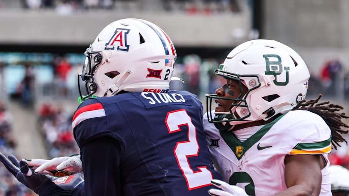  Nov 22, 2025; Tucson, Arizona, USA; Arizona Wildcats defensive back Treydan Stukes (2) intercepts the ball in the end zone during the fourth quarter of the game against the Baylor Bears at Casino Del Sol Stadium. Mandatory Credit: Aryanna Frank-Imagn Images | Aryanna Frank-Imagn Images 