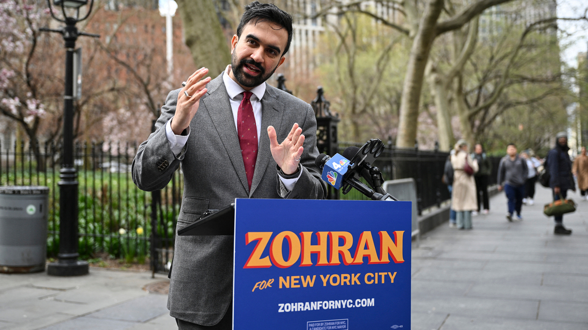 New York City mayoral candidate and Democratic State Representative Zohran Mamdani campaigns in New York City on April 16, 2025.