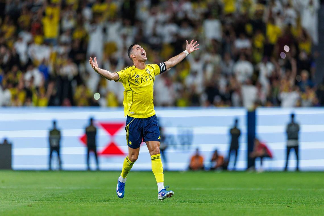  Cristiano Ronaldo of team Al Nassr FC celebrates scoring their fourth goal during the Saudi Pro League game between Al Nassr and Al Najmah at Al Awwal Park on April 3, 2026 in Riyadh, Saudi Arabia. (Photo by Abdullah Ahmed/Getty Images) Photo by Abdullah Ahmed/Getty Images
