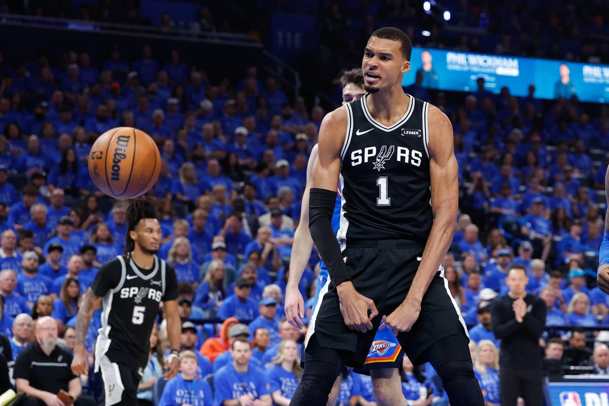  May 18, 2026; Oklahoma City, Oklahoma, USA; San Antonio Spurs center Victor Wembanyama (1) reacts after a dunk in the second quarter against the Oklahoma City Thunder during game one of the western conference finals for the 2026 NBA playoffs at Paycom Center. Mandatory Credit: Alonzo Adams-Imagn Images 
