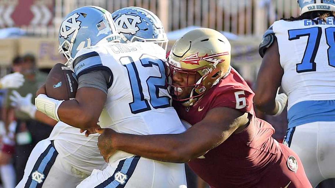  Nov 2, 2024; Tallahassee, Florida, USA; Florida State Seminoles defensive tackle Darrell Jackson Jr (6) sacks North Carolina Tarheels quarterback Jacolby Criswell (12) in the second quarter at Doak S. Campbell Stadium. Mandatory Credit: Robert Myers-Imagn Images | Robert Myers-Imagn Images 