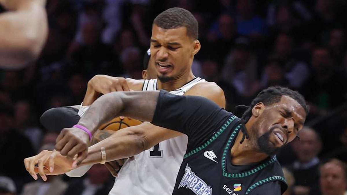  Victor Wembanyama was assessed a flagrant 2 and ejected for elbowing Naz Reid during Game 4 of the Spurs at Timberwolves. | Bruce Kluckhohn-Imagn Images 