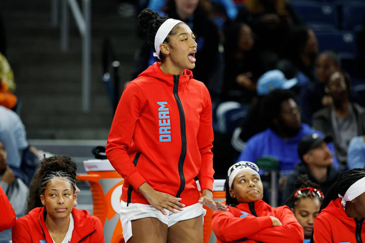  Atlanta Dream forward Angel Reese (5) reacts during a WNBA game. Kamil Krzaczynski-Imagn Images