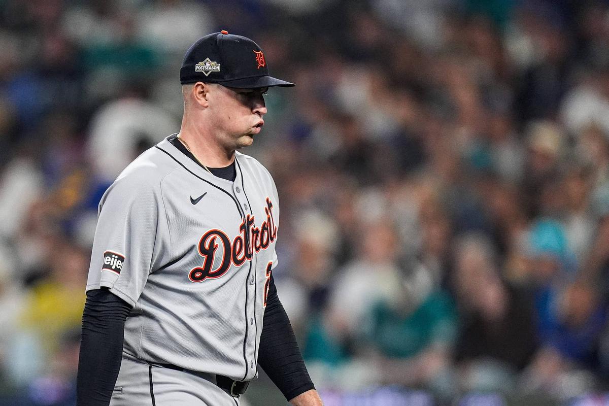  Tigers pitcher Tarik Skubal walks off the field. 