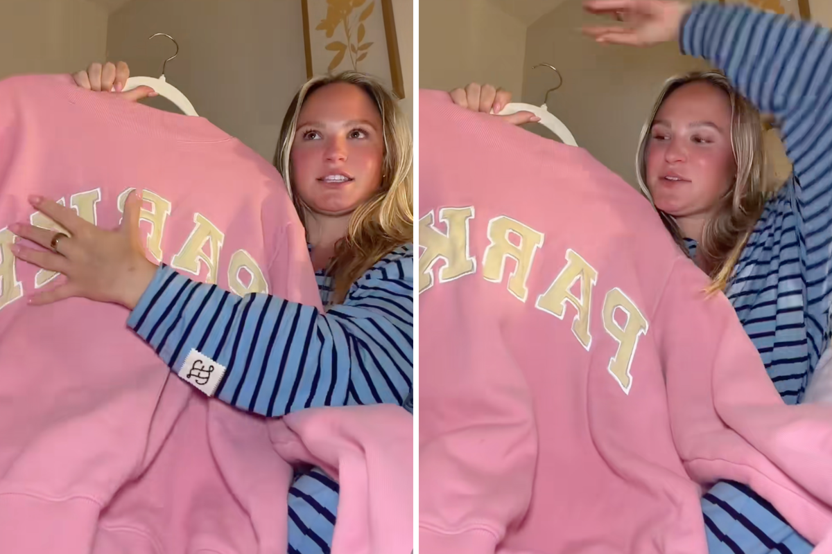  A split image of Felicia Zangri showing off her pink and yellow Parke sweater. 
