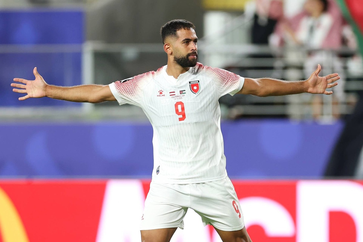  Ali Olwan #9 of Jordan celebrates scoring his team's first goal during the FIFA World Cup 2026 Group J match between Austria and Jordan at San Francisco Bay Area Stadium on June 16, 2026 in Santa Clara, California. (Photo by Richard Heathcote/Getty Images) Photo by Richard Heathcote/Getty Images