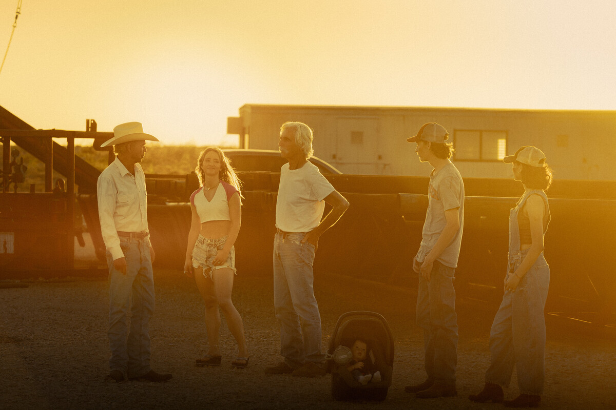 Billy Bob Thornton as Tommy, Francesca Xuereb as Cheyenne, Sam Elliott as T.L., Jacob Lofland as Cooper and Paulina Chavez as Ariana in Landman episode 10, season 2, streaming on Paramount+. Photo Credit: Emerson Miller/Paramount+
