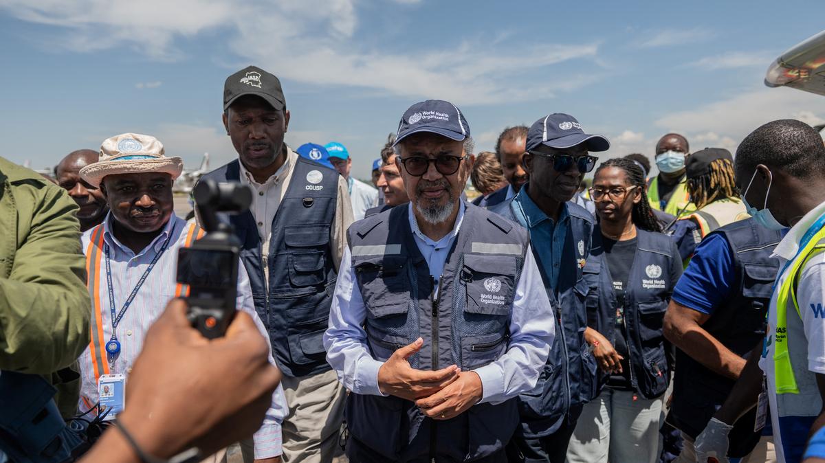 Director-General of the World Health Organisation (WHO) Tedros Adhanom Ghebreyesus is received as he arrives at Bunia National Airport, to coordinate the response to the Ebola outbreak, as agencies intensify efforts to contain a new Ebola outbreak caused by the Bundibugyo virus strain, at the Bunia National Airport in Bunia, Ituri province, Democratic Republic of Congo, May 30, 2026. REUTERS/Stringer