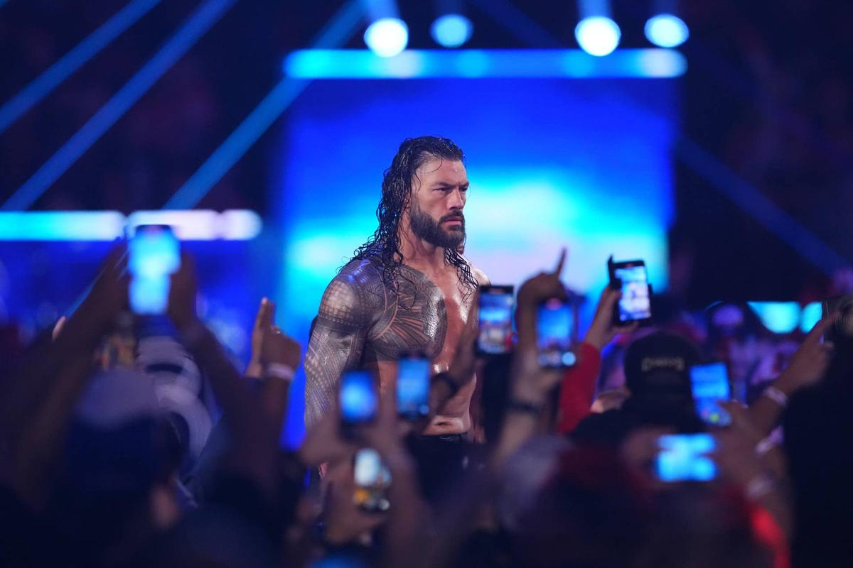  Roman Reigns during the Men's Royal Rumble match during the WWE Royal Rumble at Lucas Oil Stadium. Joe Camporeale-Imagn Images