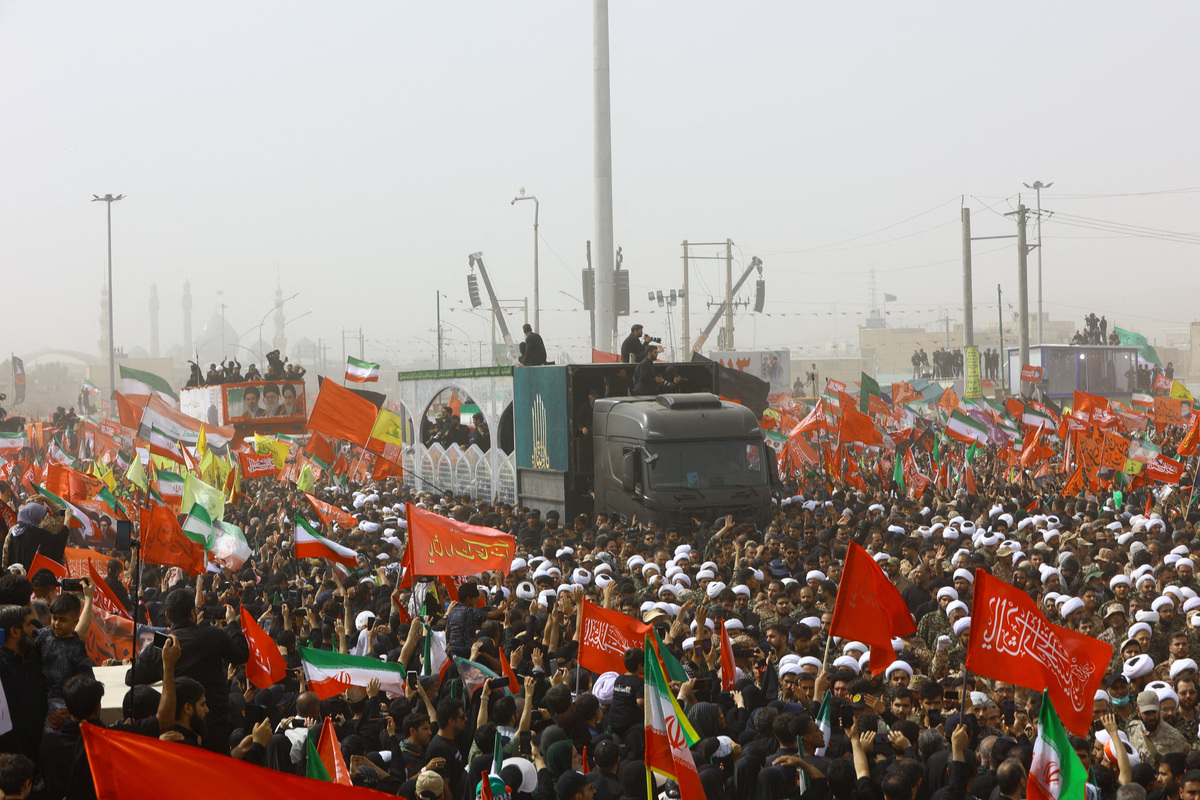 People attend a funeral procession for Iran's late Supreme Leader Ayatollah Ali Khamenei, who was killed on February 28 in Israeli and U.S. airstrikes, in Qom, Iran July 7, 2026. Mehdi Khezrian/ISNA/via WANA (West Asia News Agency)via REUTERS