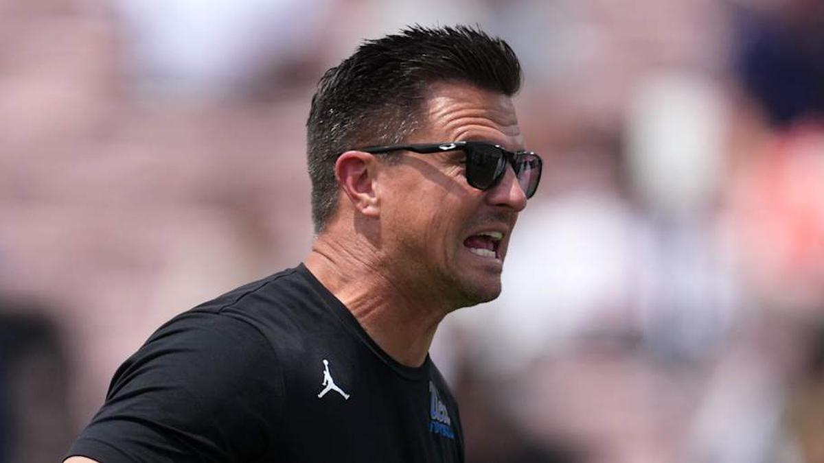  May 2, 2026; Pasadena, CA, USA; UCLA Bruins coach Bob Chesney reacts during the spring game at Rose Bowl. Mandatory Credit: Kirby Lee-Imagn Images | Kirby Lee-Imagn Images 