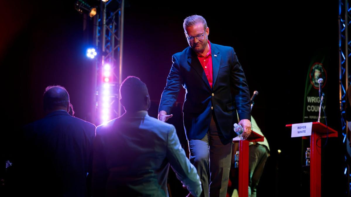 Adam Schwarze shakes hands with the crowd after a Wright County GOP U.S. Senate debate at the St. Michael Cinema in St. Michael, Minn., on May 12, 2026. Schwarze has become a front-runner to win the Republican endorsement in the Senate race. (Renée Jones Schneider/The Minnesota Star Tribune/TNS)
