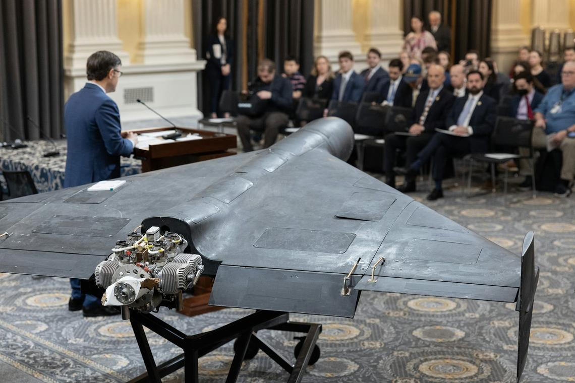  House Speaker Mike Johnson speaks next to an Iranian Shahed-136 drone on May 8, 2025, at the U.S. Capitol in Washington. Tom Brenner for The Washington Post via Getty Images 