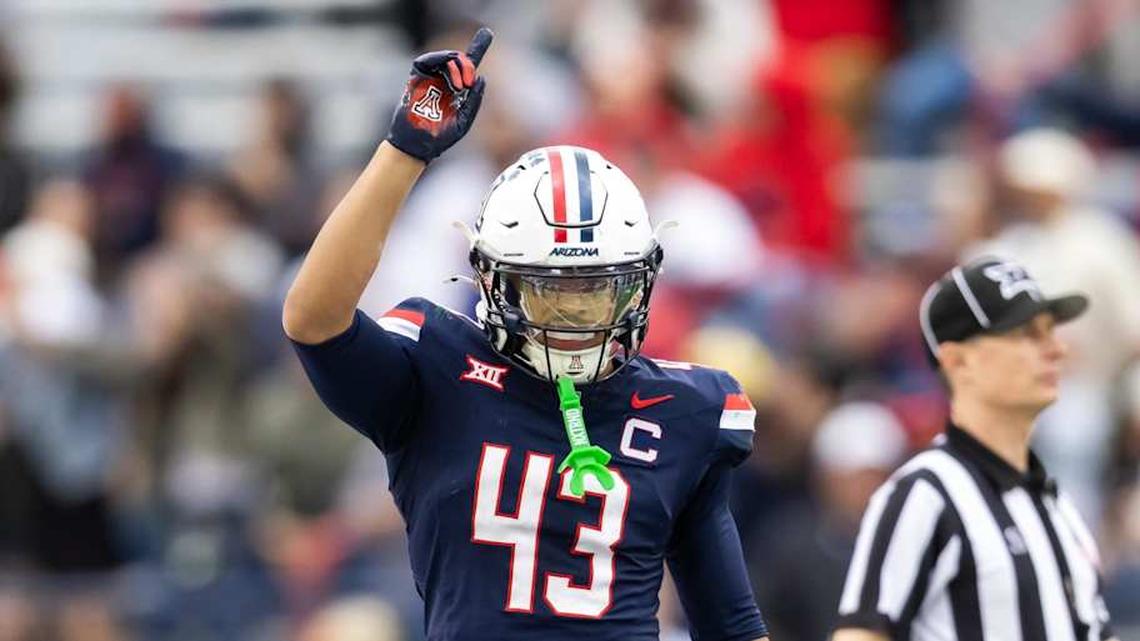  Nov 22, 2025; Tucson, Arizona, USA; Arizona Wildcats defensive back Dalton Johnson (43) against the Baylor Bears at Casino Del Sol Stadium. Mandatory Credit: Mark J. Rebilas-Imagn Images | Mark J. Rebilas-Imagn Images 